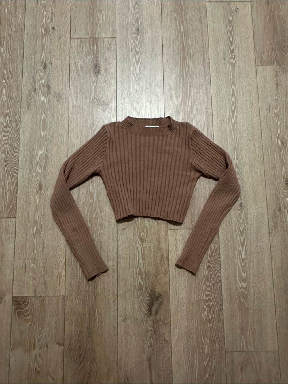 Cropped Ribbed Long-Sleeve Top in Brown